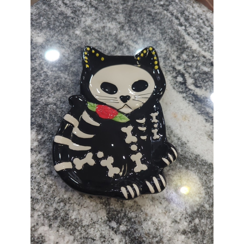 Cracker Barrel Spoon Rest Day Of The Dead Halloween Skull Cat Kitty Trinket Dish